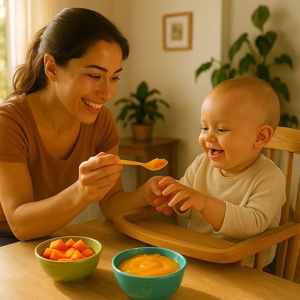 Mamá y bebé en la cocina, momento de comida feliz